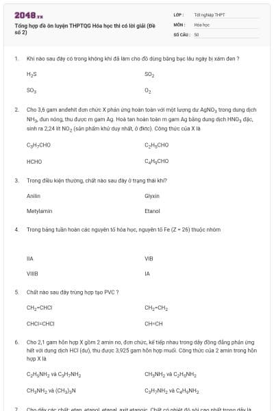 Tổng hợp đề ôn luyện THPTQG Hóa học thi có lời giải (Đề số 2)