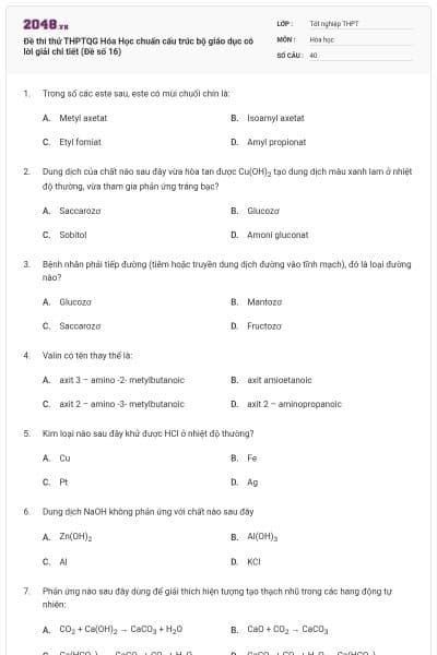 Đề thi thử THPTQG Hóa Học chuẩn cấu trúc bộ giáo dục có lời giải chi tiết (Đề số 16)