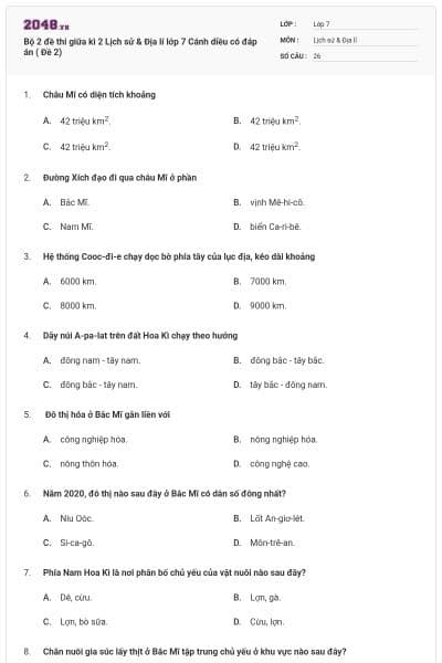 Bộ 2 đề thi giữa kì 2 Lịch sử & Địa lí lớp 7 Cánh diều có đáp án ( Đề 2)