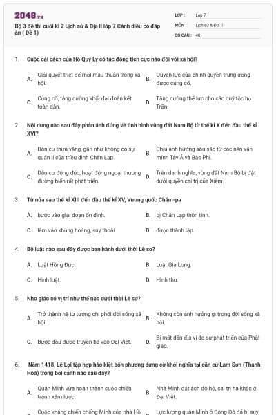 Bộ 3 đề thi cuối kì 2 Lịch sử & Địa lí lớp 7 Cánh diều có đáp án ( Đề 1)