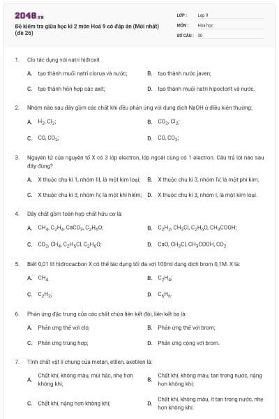 Đề kiểm tra giữa học kì 2 môn Hoá 9 có đáp án (Mới nhất) (đề 26)