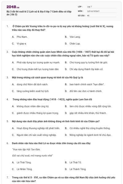 Bộ 3 đề thi cuối kì 2 Lịch sử & Địa lí lớp 7 Cánh diều có đáp án ( Đề 3)