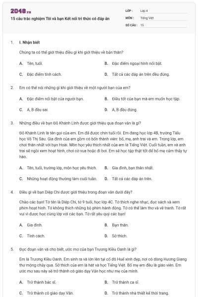 15 câu trắc nghiệm Tôi và bạn Kết nối tri thức có đáp án
