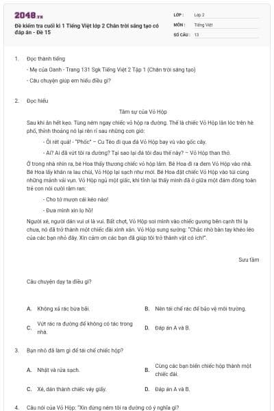 Đề kiểm tra cuối kì 1 Tiếng Việt lớp 2 Chân trời sáng tạo có đáp án - Đề 15