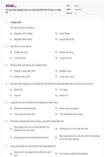 15 câu trắc nghiệm Anh em sinh đôi Kết nối tri thức có đáp án