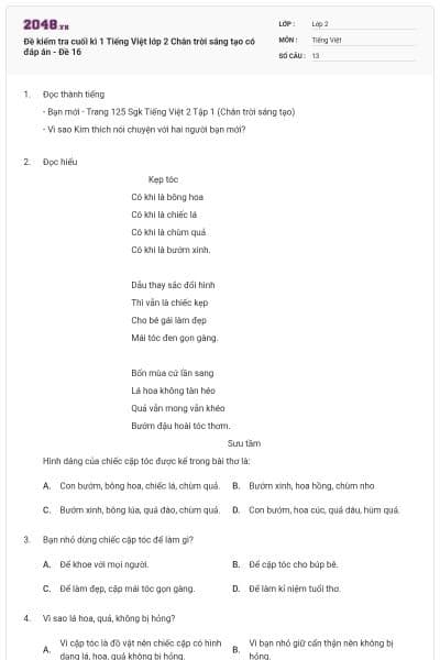 Đề kiểm tra cuối kì 1 Tiếng Việt lớp 2 Chân trời sáng tạo có đáp án - Đề 16