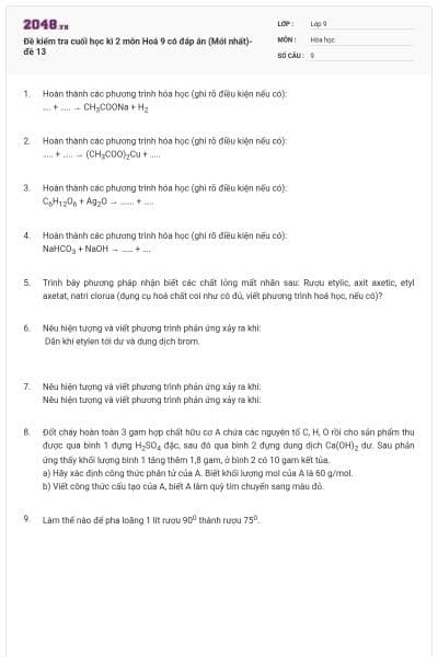 Đề kiểm tra cuối học kì 2 môn Hoá 9 có đáp án (Mới nhất)- đề 13
