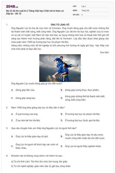 Bộ 22 đề thi cuối kì 2 Tiếng Việt lớp 2 Kết nối tri thức có đáp án - Đề 10