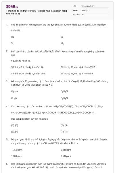 Tổng hợp đề thi thử THPTQG Hóa học mức độ cơ bản nâng cao (đề số 2)
