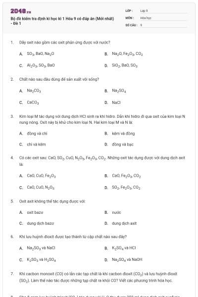 Bộ đề kiểm tra định kì học kì 1 Hóa 9 có đáp án (Mới nhất) - Đề 1