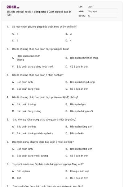 Bộ 3 đề thi cuối học kì 1 Công nghệ 6 Cánh diều có đáp án (Đề 1)