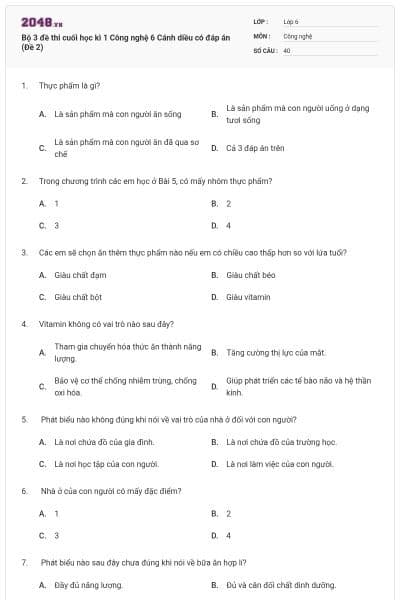 Bộ 3 đề thi cuối học kì 1 Công nghệ 6 Cánh diều có đáp án (Đề 2)