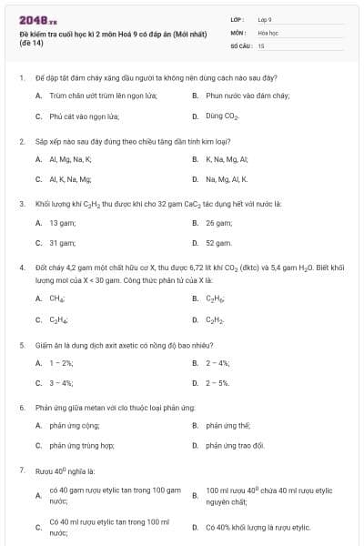 Đề kiểm tra cuối học kì 2 môn Hoá 9 có đáp án (Mới nhất) (đề 14)