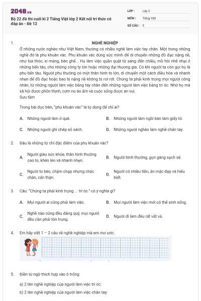 Bộ 22 đề thi cuối kì 2 Tiếng Việt lớp 2 Kết nối tri thức có đáp án - Đề 12