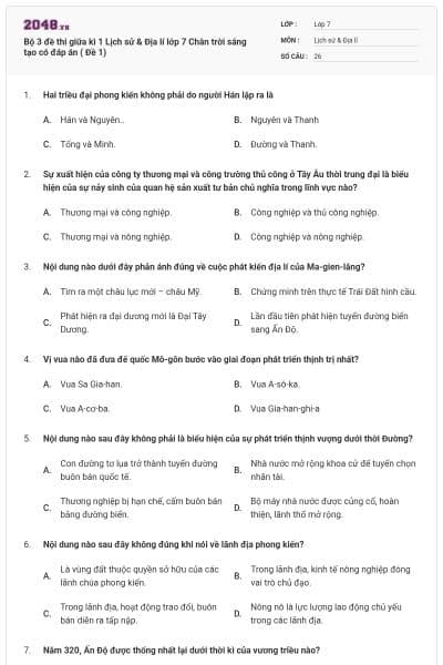 Bộ 3 đề thi giữa kì 1 Lịch sử & Địa lí lớp 7 Chân trời sáng tạo có đáp án ( Đề 1)