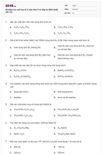 Đề kiểm tra cuối học kì 2 môn Hoá 9 có đáp án (Mới nhất) (đề 15)
