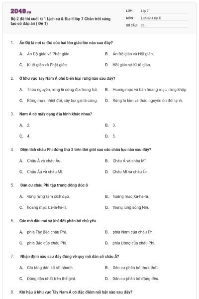 Bộ 2 đề thi cuối kì 1 Lịch sử & Địa lí lớp 7 Chân trời sáng tạo có đáp án ( Đề 1)
