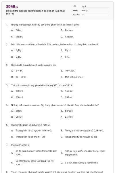 Đề kiểm tra cuối học kì 2 môn Hoá 9 có đáp án (Mới nhất) (đề 16)