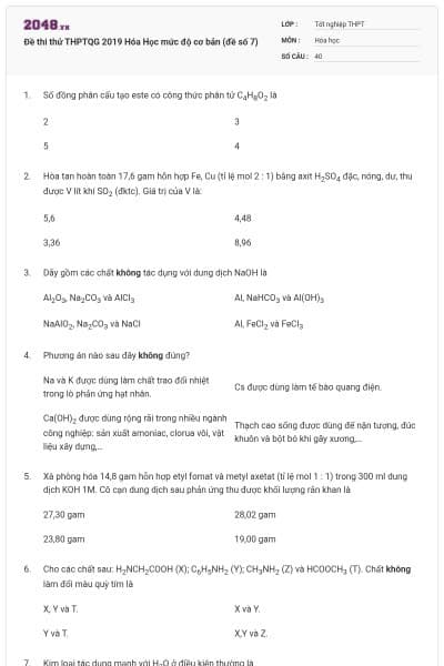 Đề thi thử THPTQG 2019 Hóa Học mức độ cơ bản (đề số 7)