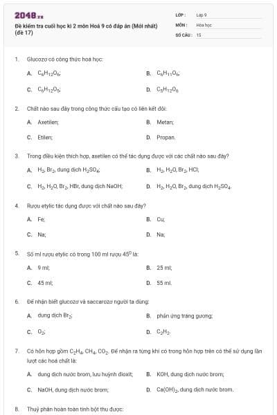 Đề kiểm tra cuối học kì 2 môn Hoá 9 có đáp án (Mới nhất) (đề 17)