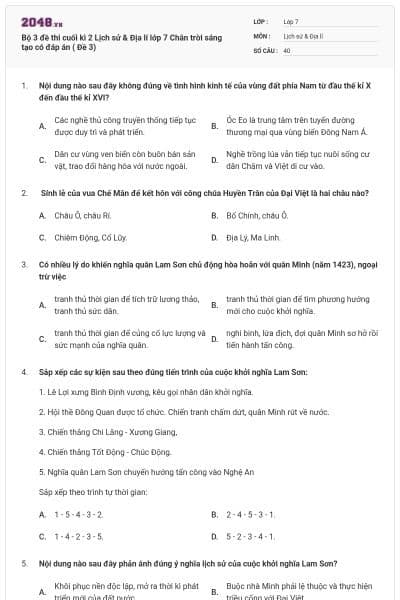 Bộ 3 đề thi cuối kì 2 Lịch sử & Địa lí lớp 7 Chân trời sáng tạo có đáp án ( Đề 3)
