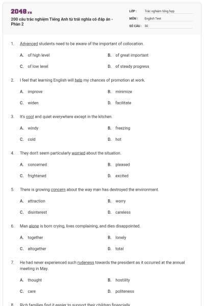 200 câu trắc nghiệm Tiếng Anh từ trái nghĩa có đáp án - Phần 2