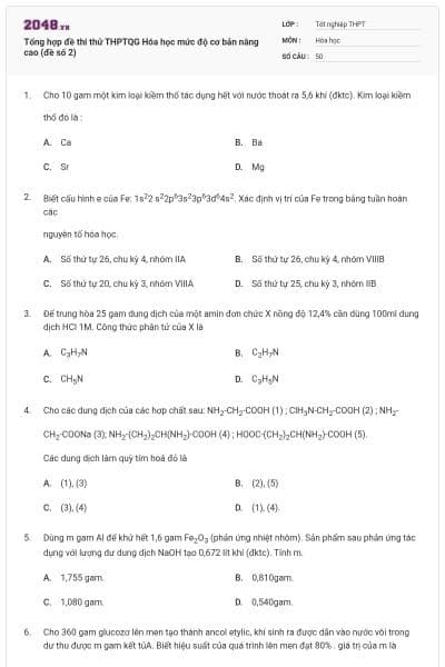 Tổng hợp đề thi thử THPTQG Hóa học mức độ cơ bản nâng cao (đề số 2)