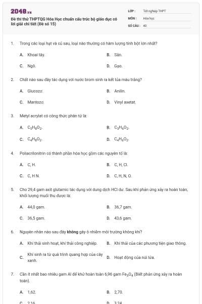 Đề thi thử THPTQG Hóa Học chuẩn cấu trúc bộ giáo dục có lời giải chi tiết (Đề số 15)