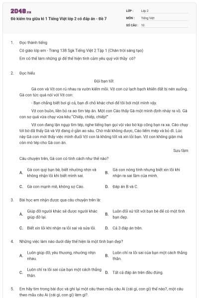 Đề kiểm tra giữa kì 1 Tiếng Việt lớp 2 có đáp án - Đề 7