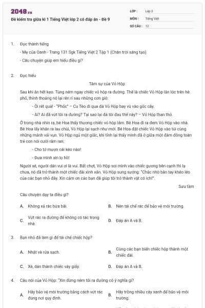 Đề kiểm tra giữa kì 1 Tiếng Việt lớp 2 có đáp án - Đề 9