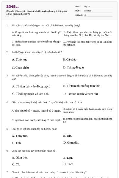 Chuyên đề chuyển hóa vật chất và năng lượng ở động vật có lời giải chi tiết (P7)