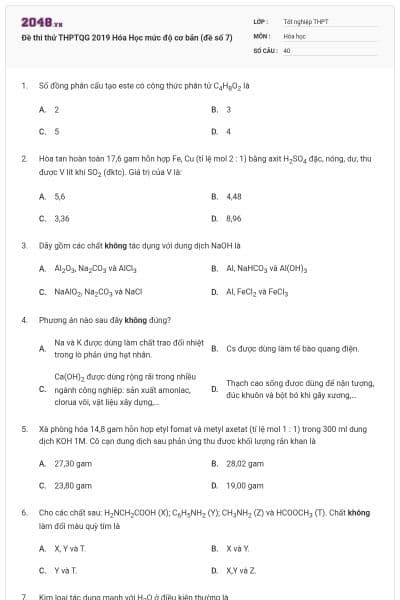 Đề thi thử THPTQG 2019 Hóa Học mức độ cơ bản (đề số 7)