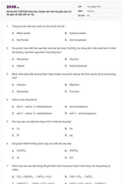 Đề thi thử THPTQG Hóa Học chuẩn cấu trúc bộ giáo dục có lời giải chi tiết (Đề số 16)