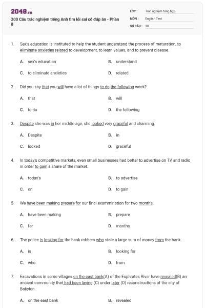 300 Câu trắc nghiệm tiếng Anh tìm lỗi sai có đáp án - Phần 8
