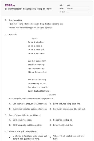 Đề kiểm tra giữa kì 1 Tiếng Việt lớp 2 có đáp án - Đề 10