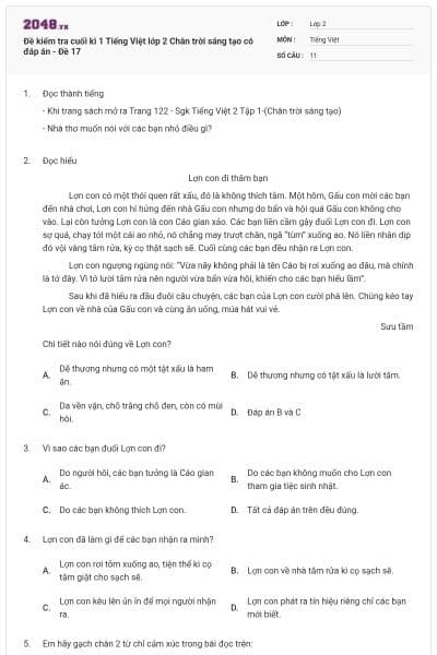 Đề kiểm tra cuối kì 1 Tiếng Việt lớp 2 Chân trời sáng tạo có đáp án - Đề 17