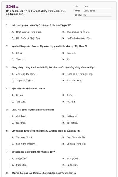 Bộ 2 đề thi cuối kì 1 Lịch sử & Địa lí lớp 7 Kết nối tri thức có đáp án ( Đề 1)