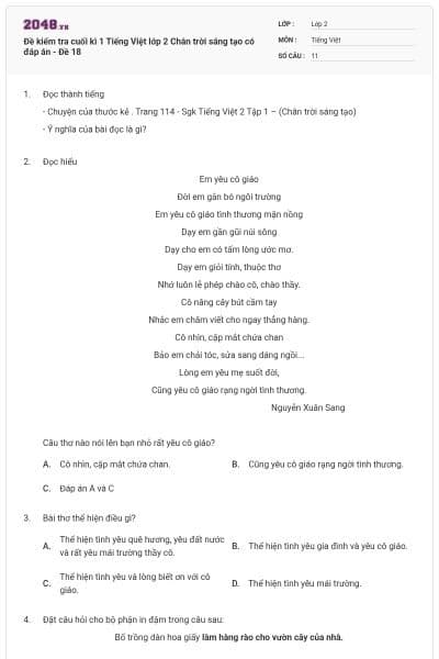 Đề kiểm tra cuối kì 1 Tiếng Việt lớp 2 Chân trời sáng tạo có đáp án - Đề 18