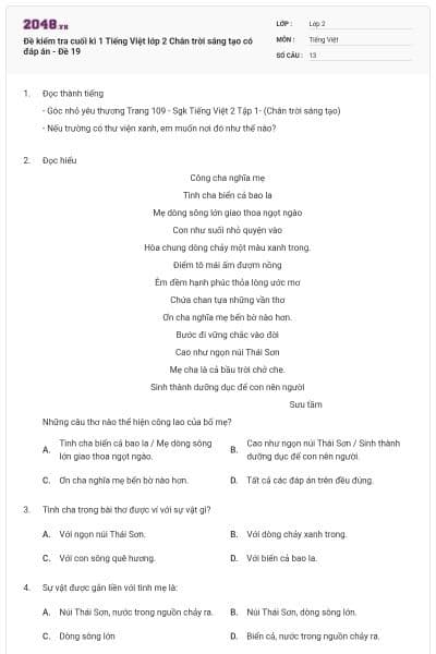 Đề kiểm tra cuối kì 1 Tiếng Việt lớp 2 Chân trời sáng tạo có đáp án - Đề 19