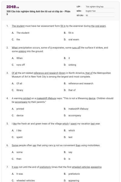 300 Câu trắc nghiệm tiếng Anh tìm lỗi sai có đáp án - Phần 9