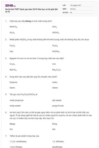 Đề thi thử THPT Quốc gia năm 2019 Hóa học có lời giải (Đề số 4)