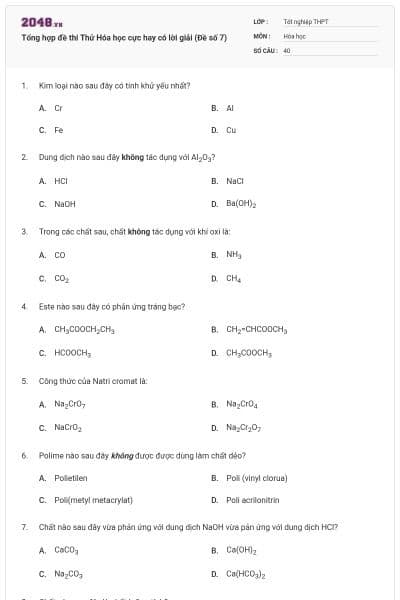 Tổng hợp đề thi Thử Hóa học cực hay có lời giải (Đề số 7)