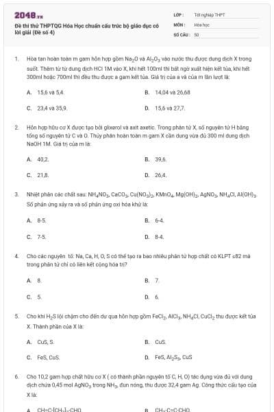 Đề thi thử THPTQG Hóa Học chuẩn cấu trúc bộ giáo dục có lời giải (Đề số 4)