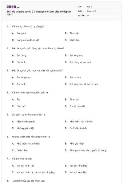 Bộ 3 đề thi giữa học kì 2 Công nghệ 6 Cánh diều có đáp án (Đề 1)