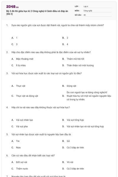 Bộ 3 đề thi giữa học kì 2 Công nghệ 6 Cánh diều có đáp án (Đề 2)
