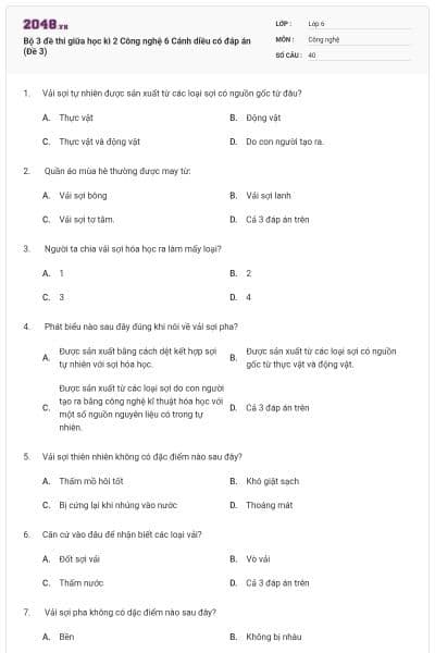 Bộ 3 đề thi giữa học kì 2 Công nghệ 6 Cánh diều có đáp án (Đề 3)