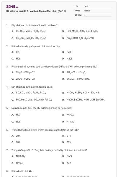 Đề kiểm tra cuối kì 2 Hóa  8 có đáp án (Mới nhất) (Đề 11)