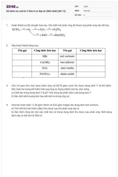 Đề kiểm tra cuối kì 2 Hóa 8 có đáp án (Mới nhất) (Đề 12)