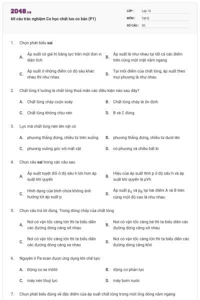60 câu trắc nghiệm Cơ học chất lưu cơ bản (P1)
