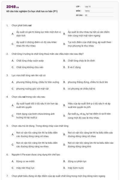 60 câu trắc nghiệm Cơ học chất lưu cơ bản (P1)